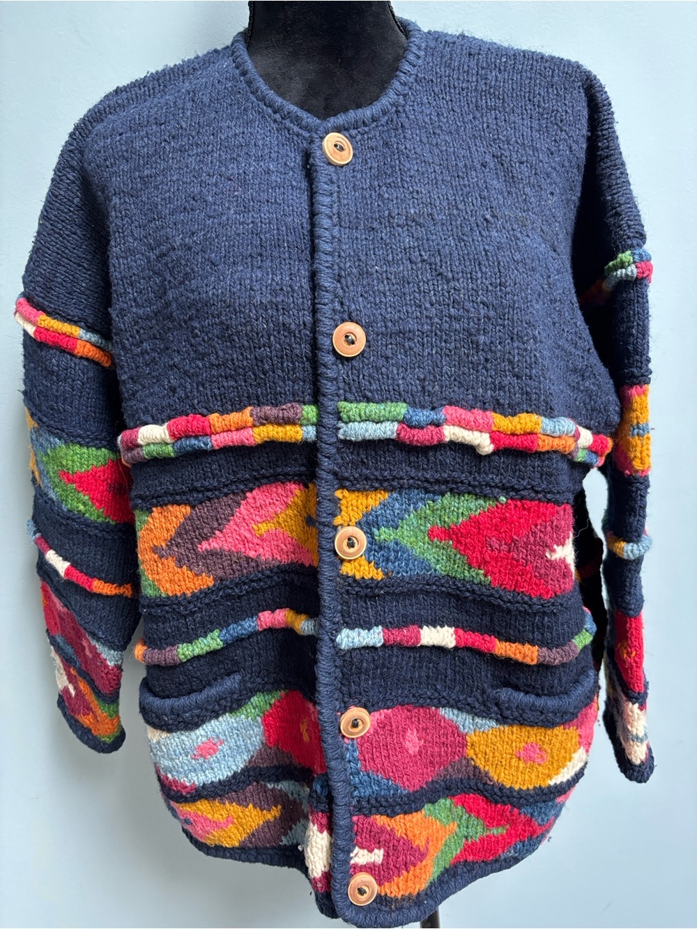 VTG Express Tricot Hand Knit Wool Cardigan Sweater Colorful Geometric Boho OS